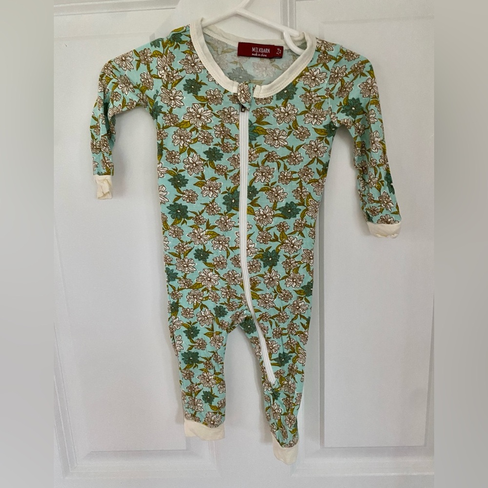 MilkBarn Bamboo Zipper Pajama - Blue Floral Size - 3-6 Months